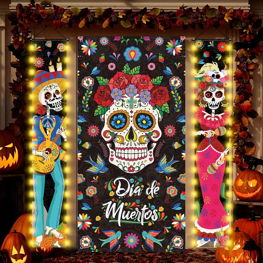 Tiamon 3 Pcs Day of The Dead Porch Sign with LED Lights, Mexican Dia De Los Muertos Party Door Decor