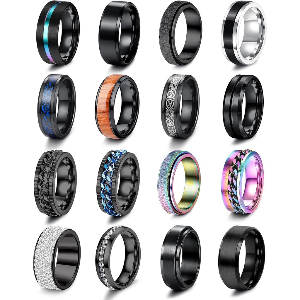 Besteel 16Pcs Stainless Steel Band Rings for Men Women Fidget Anxiety Relief Rings Cool Chain Bevele