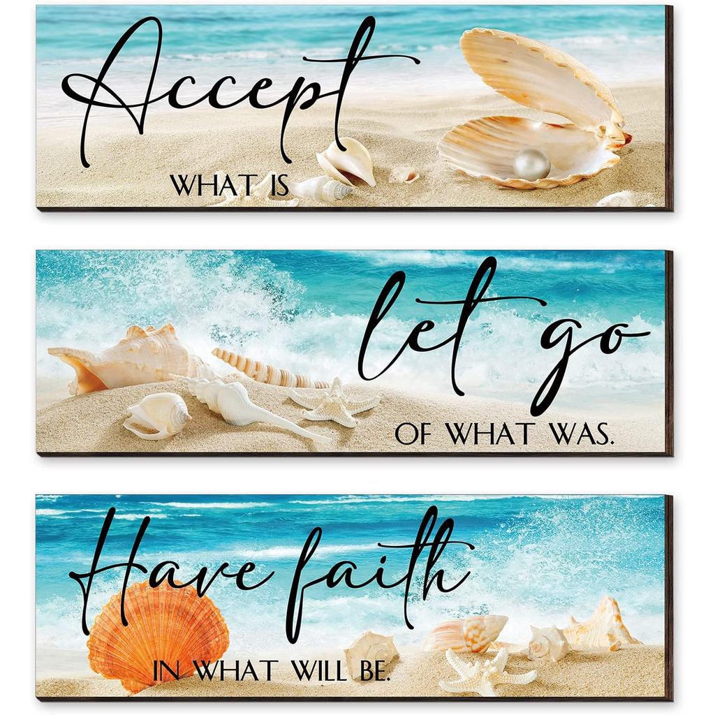 3 Pieces Ocean Inspirational Wooden Wall Decors Accept Let Go Have Faith Quotes Motivational Bedroom