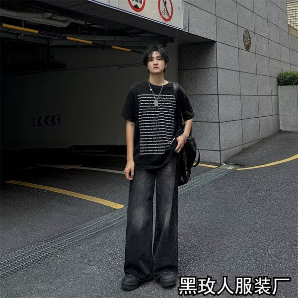 jinn jeans กางเกงยีนส์ขายาว Retro American vibe High Street ย้อนยุคทำเก่ากางเกงยีนส์สีดำผู้หญิงหลวมต