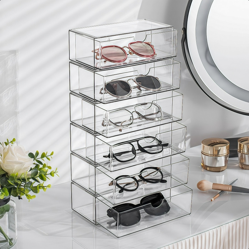 Eyeglass Storage กล่องลิ้นชักโปร่งใสป้องกันฝุ่นบนโต๊ะสำหรับ—จัดระเบียบแว่นกันแดดตู้จัดเก็บของสะสมดีไซน์สวย Transparent