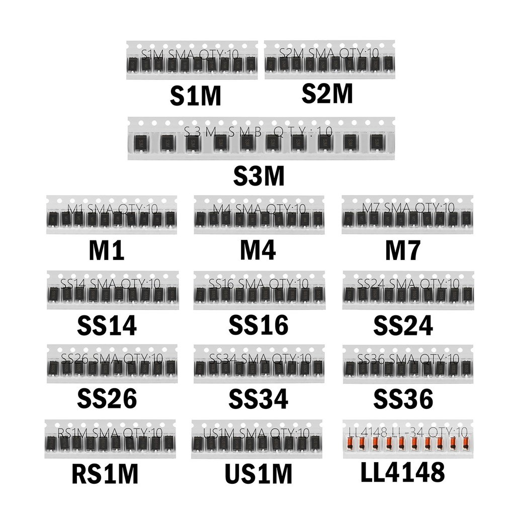 Chanzon SMD Fast Switching/Schottky/Rectifier Diode Assorted Kit (15 ค่ารวม 150 ชิ้น: M1 M4 M7 S1M S