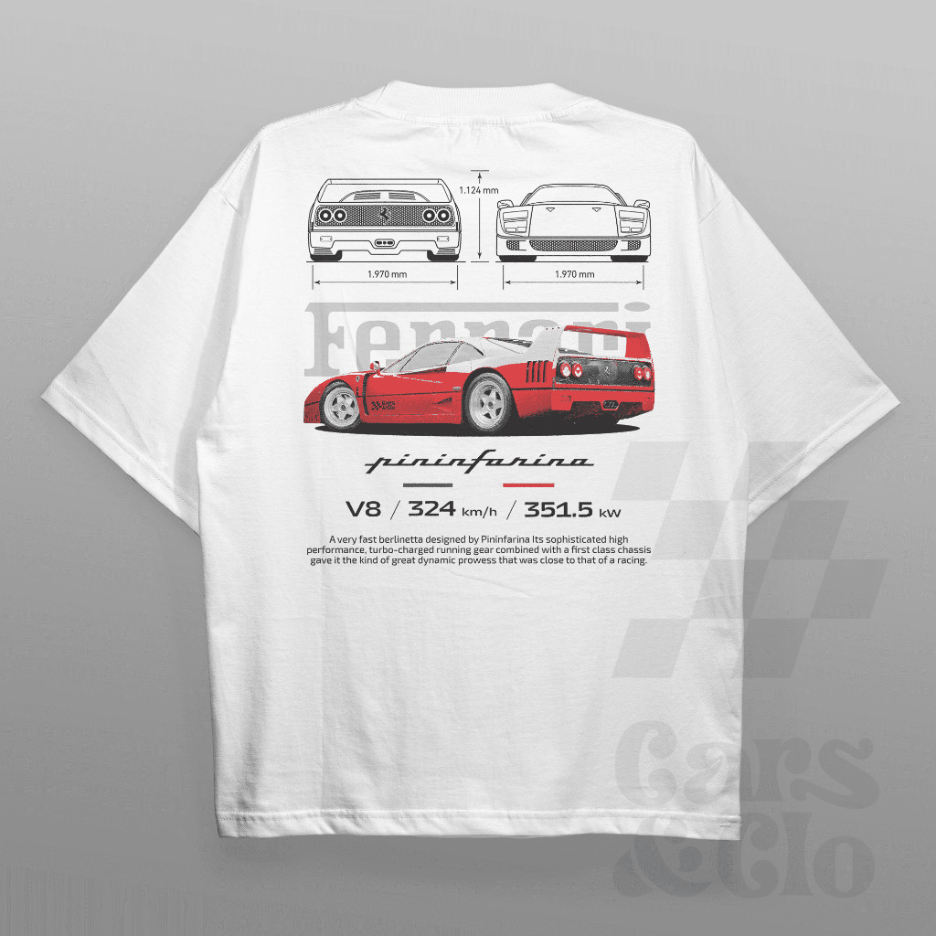 รถยนต์และโคลน - Regular Fit White - เสื้อยืด Blueprint Ferrari F40
