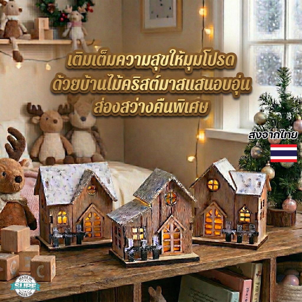 ของขวัญคริสต์มาส บ้านไม้มีไฟ LED สไตล์วินเทจ ตกแต่งห้องนั่งเล่น ห้องนอน เพิ่มความอบอุ่น