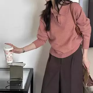 Red Berryเสื้อถักคอโปโลแขนยาวสำหรับผู้หญิง สวมใส่แบบลำลอง อเนกประสงค์ และมีสไตล์88046