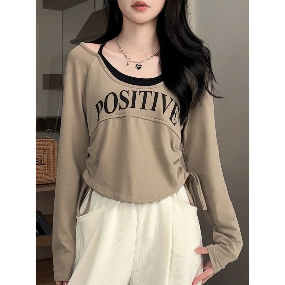 Solovely ผู้หญิง ผ้าฝ้าย เสื้อ สไตล์เกาหลี พิมพ์ลาย หลวม แขนยาว เสื้อยืด