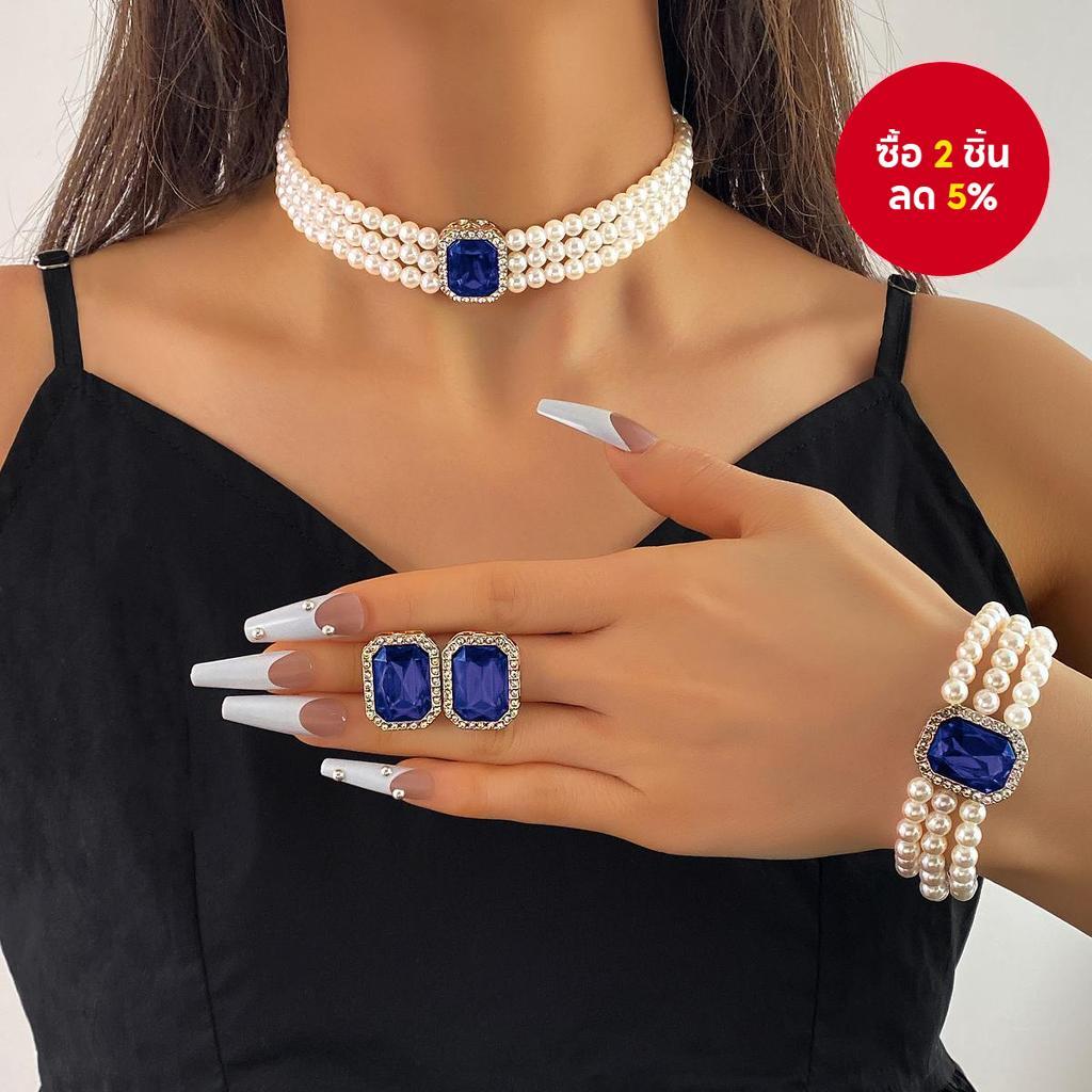 ชุดสร้อยคอและต่างหูไข่มุกคริสตัลสีฟ้า-เครื่องประดับโชคเกอร์สั้นหรูหราสําหรับผู้หญิงสไตล์เกาหลีหรูหรา