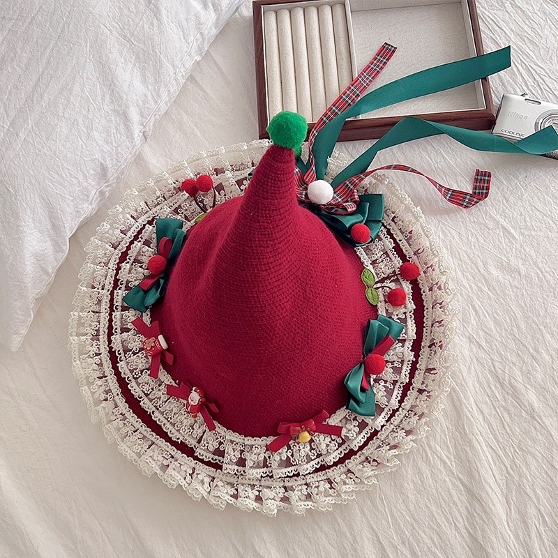 Angola Red Lolita Christmas Bow Plush Lace Miko Hat Lolita Witch Hat Men's Witch Hat