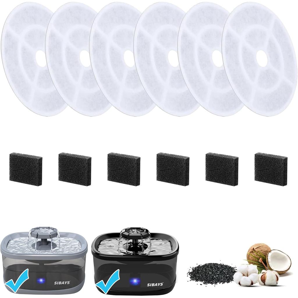 SIBAYS 6 แพ็ค 7 "น้ําพุแมวขนาดใหญ่กรองทดแทนสําหรับน้ําพุสุนัข 2.5Gal/9.5L (FS68) พร้อมระบบกรอง 4 ชั้