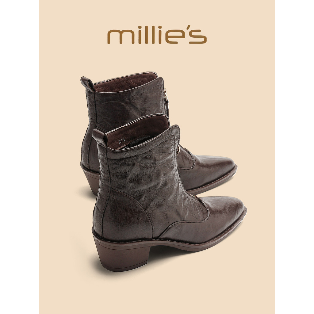 Millies Miaoli รองเท้าแฟชั่นผู้หญิง หนังแท้ มีซิปรองเท้าด้านหน้า สไตล์ใหม่สำหรับฤดูใบไม้ร่วงและฤดูหน