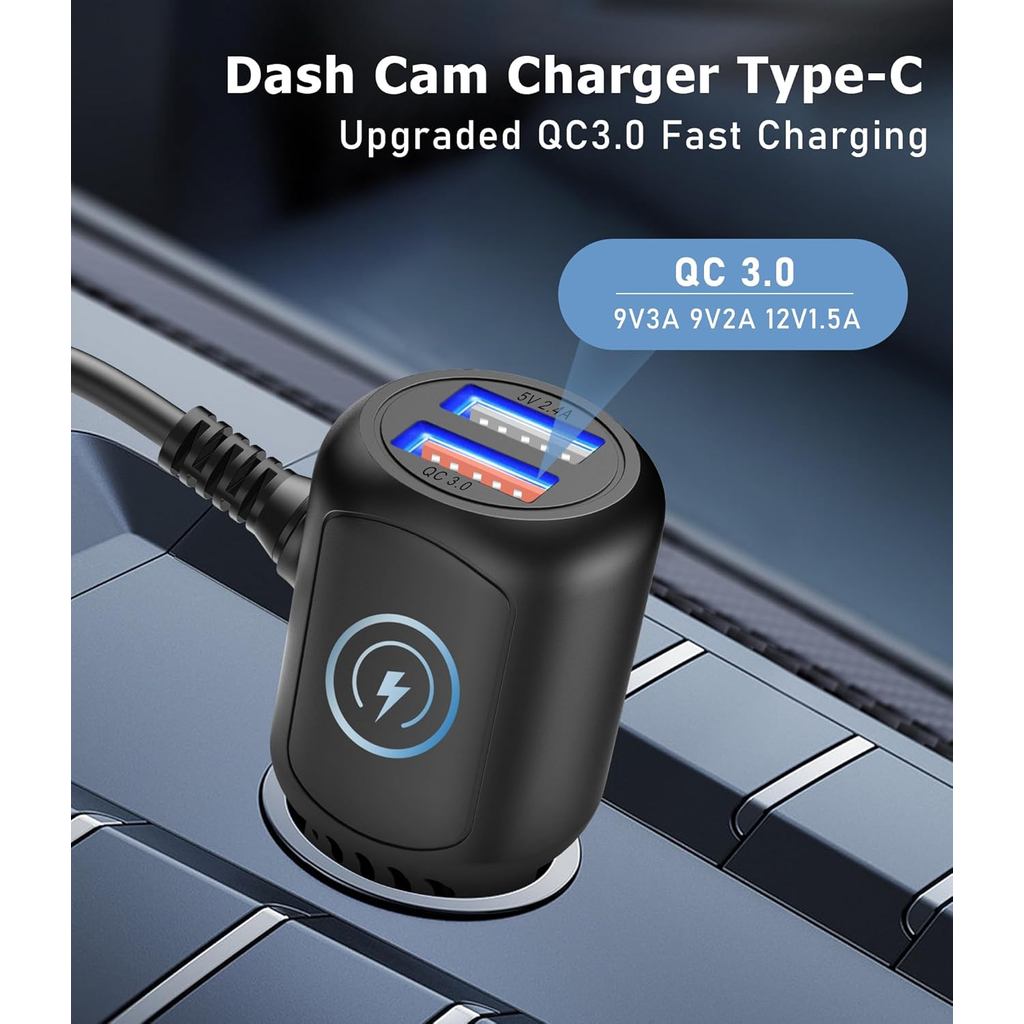 Dash Cam Charger USB C,Type C Dash Cam Power Cord,Dual USB Fast Charger, Compatible with REDTIGER F7