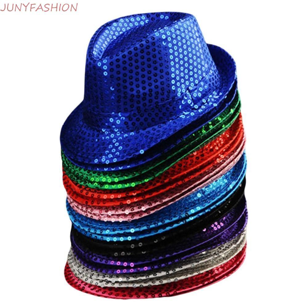 JUNYFASHION Dance Jazz Cap, เงาเลื่อมหมวก Fedora, ง่าย 58 ซม./54 ซม.Hip Hop Performance Glitter Jazz