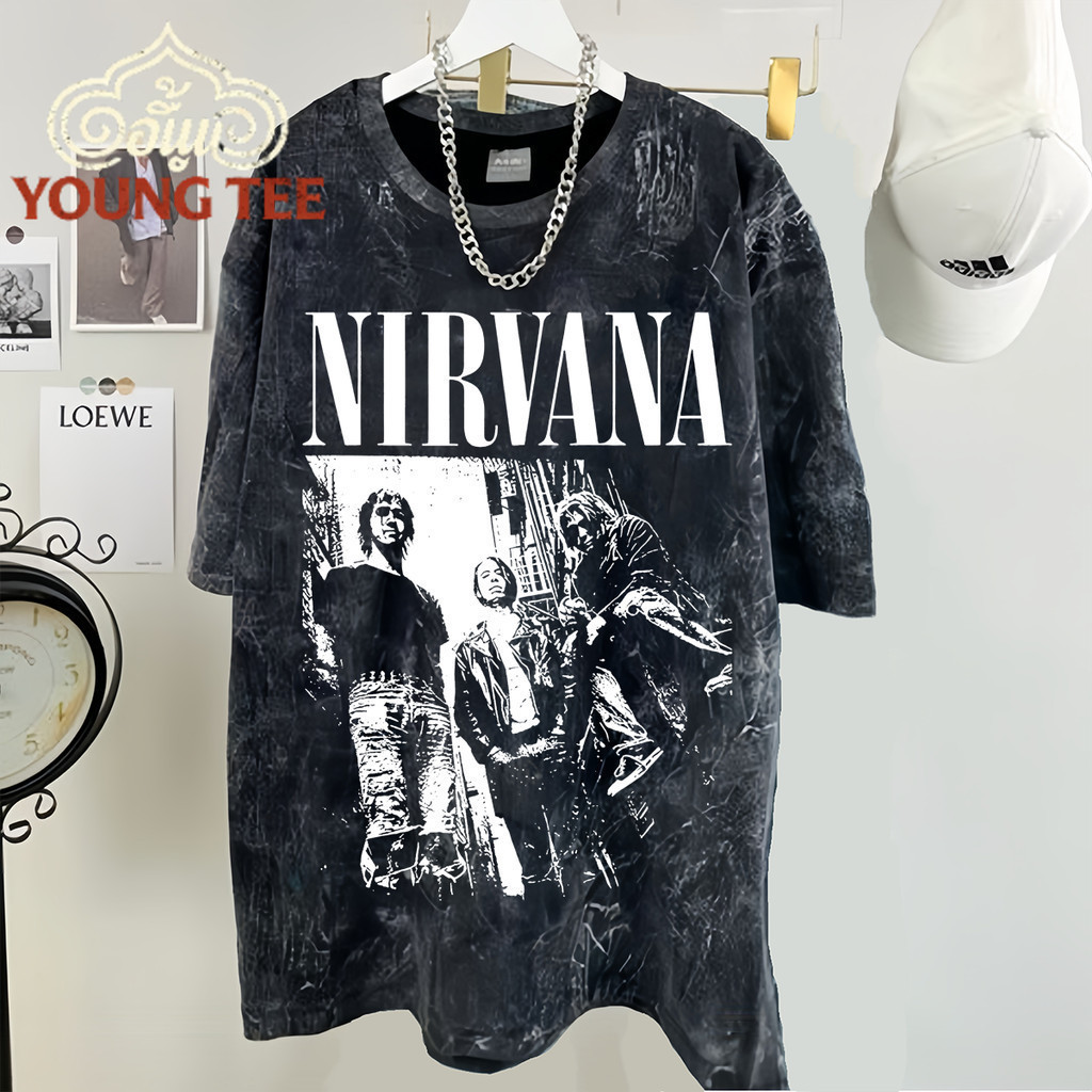 (จัดส่งตลอด 24 ชั่วโมง)เสื้อยืดฟอก ผ้าฝ้าย100% Nirvana วงดนตรี เสื้อยืดผ้าฟอก oversize ผ้าคอตตอน100% สไตส์อเมริกา N0005