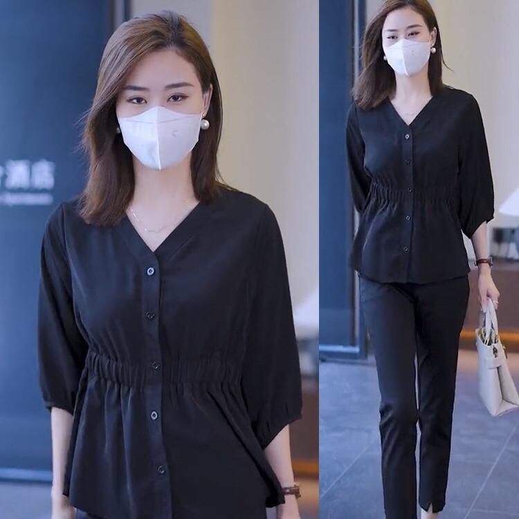 poppy#เสื้อเชิ้ตผู้หญิง เสื้อชีฟอง แขนสามส่วน คอวี ใส่ทำงานได้หลากหลาย มีหลายสีให้เลือก#w683