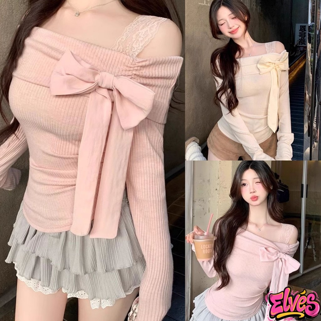 Elves พร้อม💟 เสื้อแขนยาวเปิดไหล่ ดีเทลแต่งดบว์ สไตล์เกาหลีสีพาสเทล เสื้อแขนยาวผู้หญิง"FY690#1"