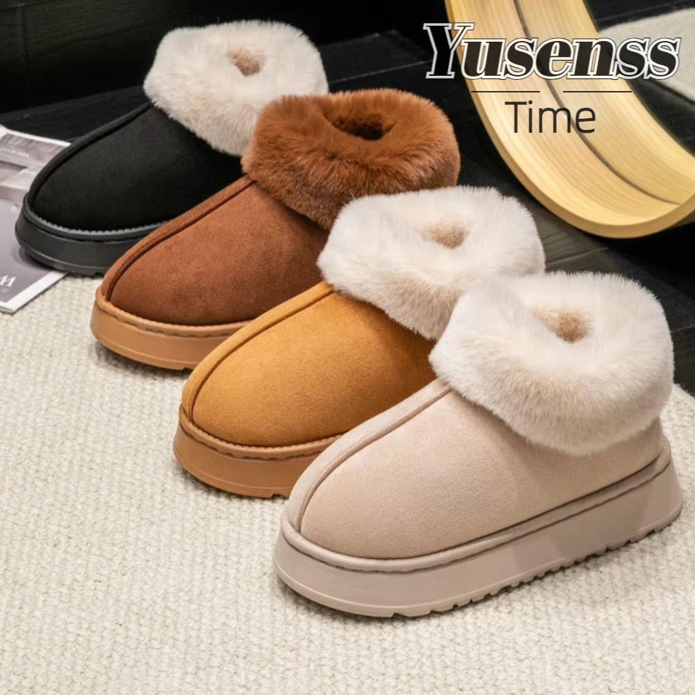 YUSEN รองเท้าลุยหิมะ, รองเท้าแตะนุ่มตุ๊กตาขนสัตว์เทียม, รองเท้าผ้าฝ้ายด้านล่างหนาอุ่นปุยฤดูหนาว