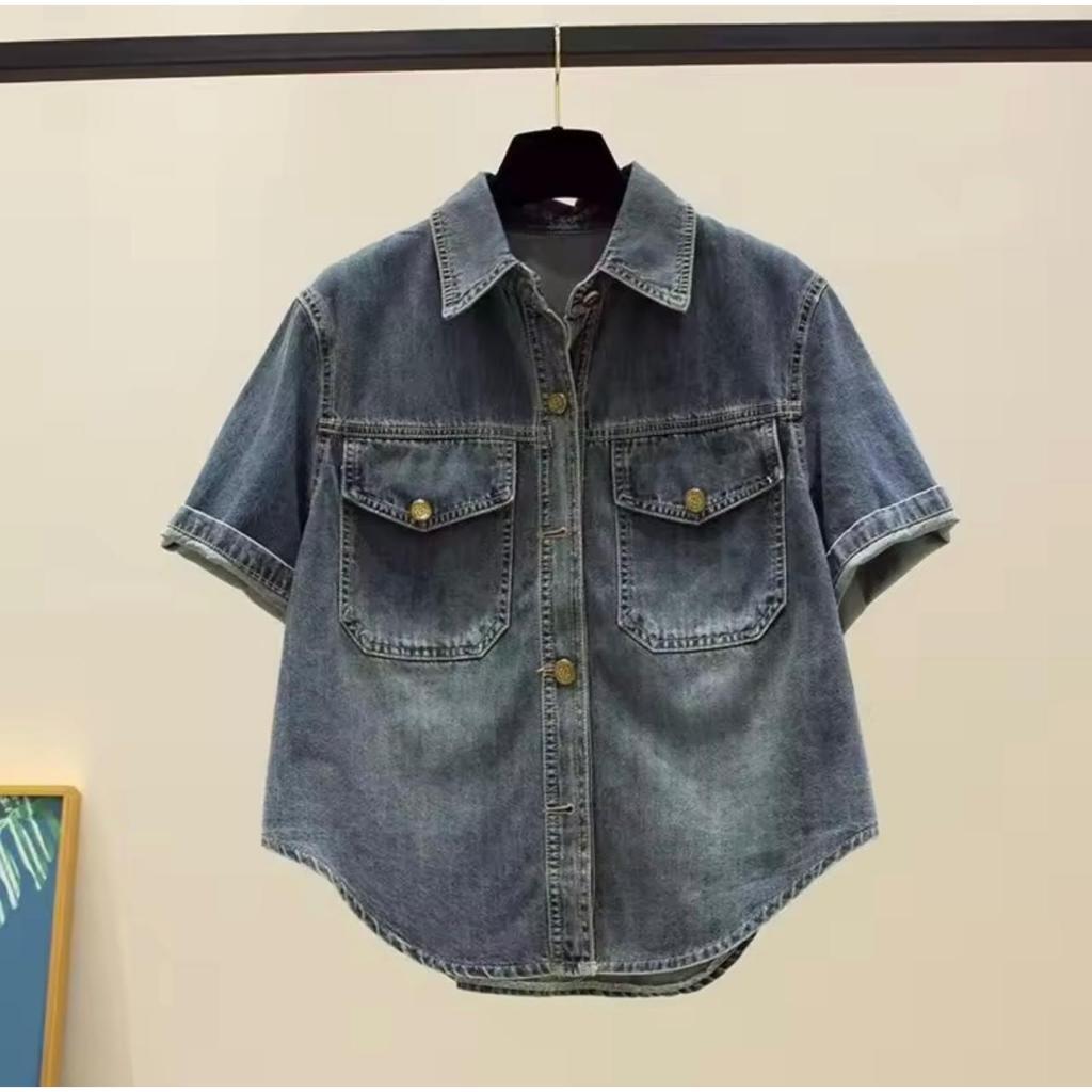 KEMEJA CROP DENIM SHIRT / NEW MODEL TRENDY FASHION DENIM JEANS SHIRT