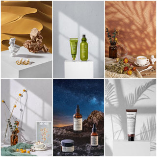 ฉากถ่ายรูปสินค้า 3มิติ ลายท้องฟ้า คลื่นน้ำ แสงเงา ใบไม้ โบเก…