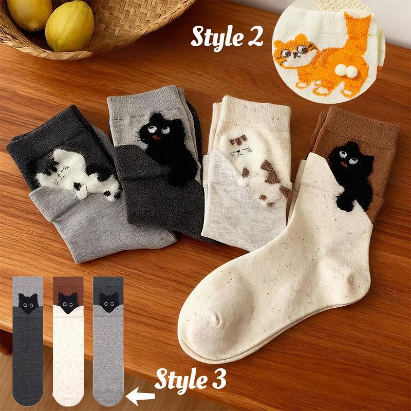 ECMLN สตรี 3 รูปแบบน่ารักตุ๊กตาแมวกลางถุงเท้าหลอดสีบล็อกแฟชั่น Breathable Comfort ถุงเท้ากลางลูกวัววันหยุดแลกเปลี่ยนของขวัญ