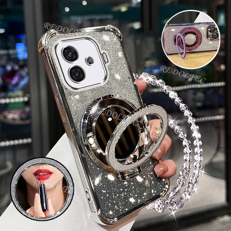 ZXCA กรณี VIVO IQOO Z9 Z9X 5G สี่มุมกันกระแทก VIVO IQOO Z9X Z9 Glitter เคสโทรศัพท์เลนส์สไตล์ใหม่รวมทุกอย่างหรูหรา High-End กระจกหญิงวงเล็บแม่เหล็ก Shock-resistant สร้อยข้อมือซิลิโคน