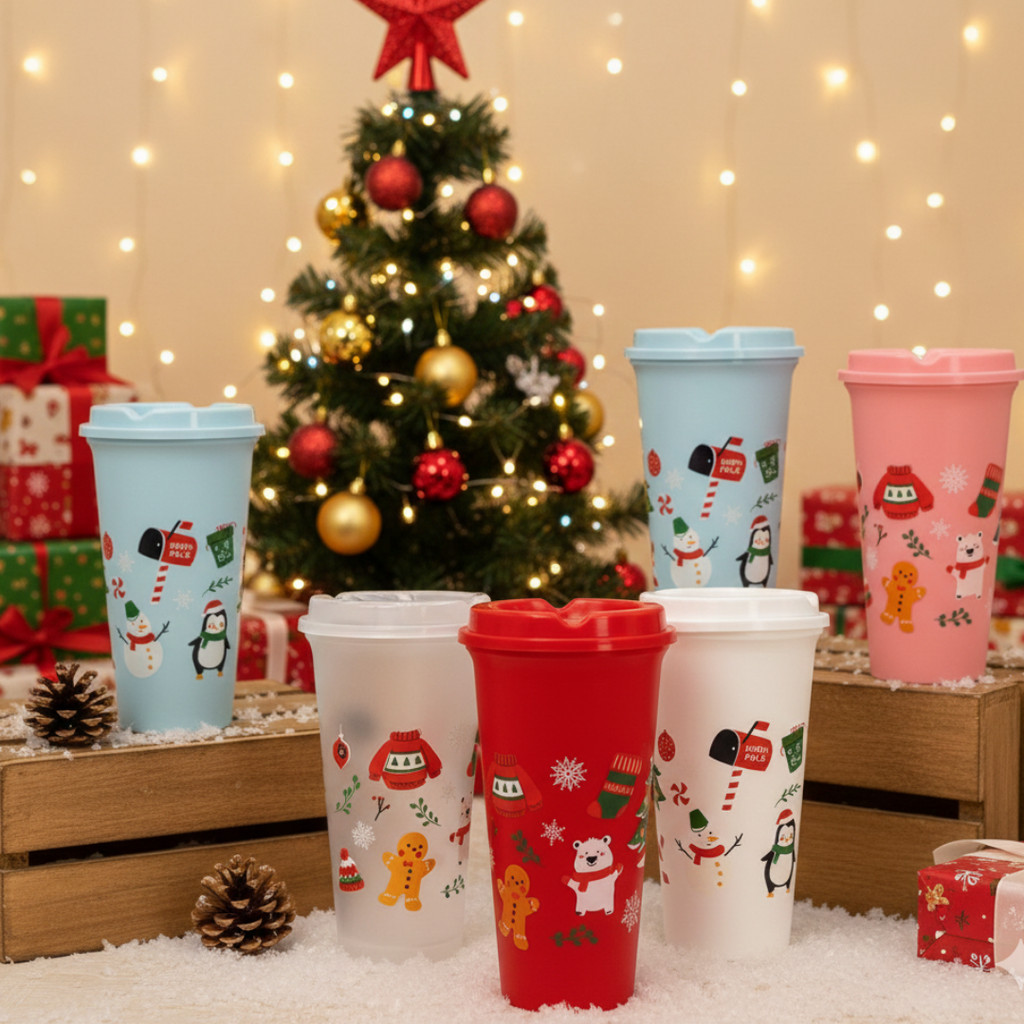 แก้ว 18oz ลายคริสมาสต์ เทศกาลปีใหม่ ของขวัญ สีสดใส ลายน่ารัก มีให้เลือก 5สี