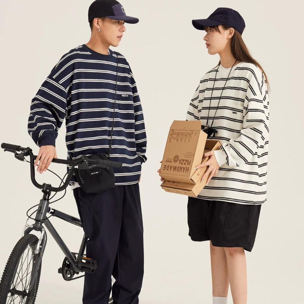 77UNI เสื้อยืดคอกลมแขนยาวลายริ้วเส้นเล็ก โอเวอร์ไซส์ T-Shirt 40362 เสื้อแขนยาว เสื้อกันหนาว