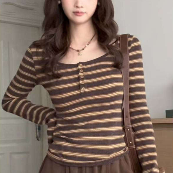 Hot Girl Striped Retro Long-Sleeved T-shirt Autumn New Design Sense Slim-Fit Slimming Bottoming Chic
