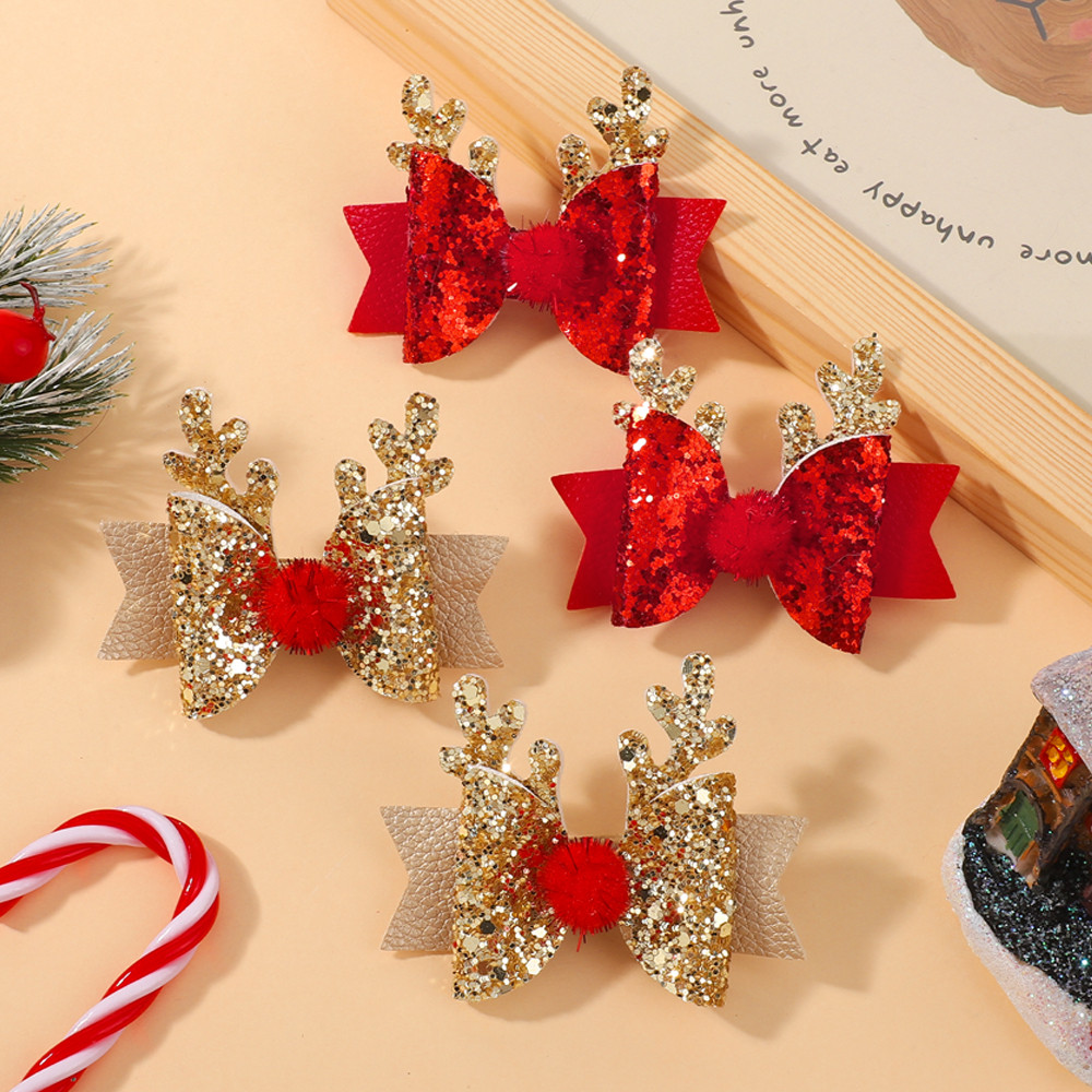 เซ็ตตัวประดับผม 4 ชิ้น แบบคริสต์มาสน่ารัก พร้อมแอนท์เลอร์ส กลิตเตอร์โบว์ กิ๊บติดผมสำหรับเด็กทารก เป็นของขวัญปีใหม่