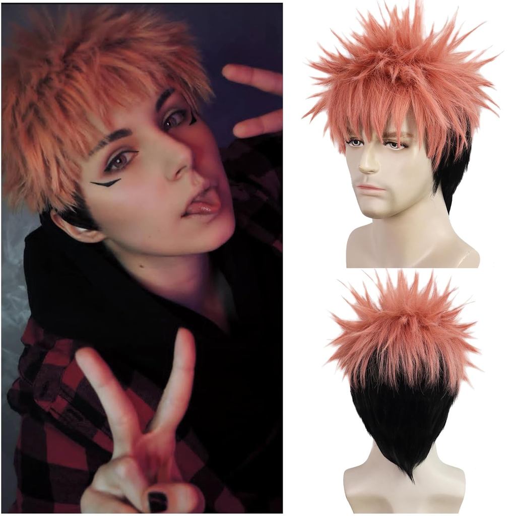 Itadori Yuji Wig Pink Black Anime Wig Boys Short Pink Mens Cosplay Hair Heat Resistant Synthetic Hal