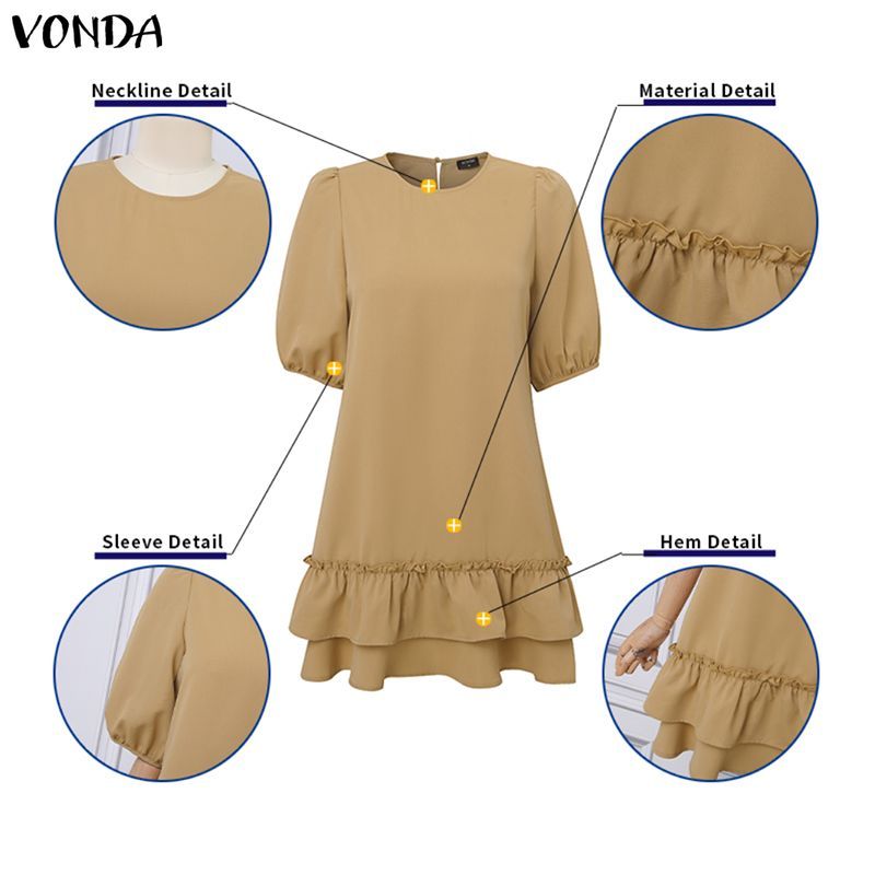 VONDA ชุดเดรสสไตล์เกาหลีสำหรับผู้หญิง ดีไซน์คอพัฟและแขนระบาย สไตล์ A-line สีทึบ — صورة 7