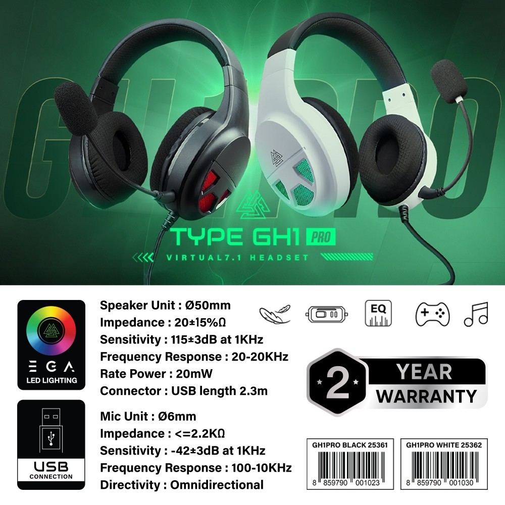 หูฟังเกมมิ่ง EGA รุ่น TYPE GH1/GH 2/GH3 PRO 7.1 VIRTUAL SURROUND SOUND ไฟ RGB ฟองน้ำนุ่ม