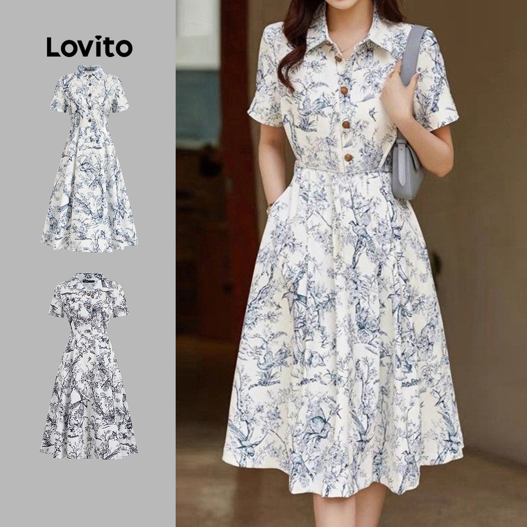 Lovito ชุดเดรสลําลองลายกระดุมชุดเดรสหลากสีฤดูใบไม้ผลิ/ฤดูร้อนสําหรับผู้หญิง L135ED364