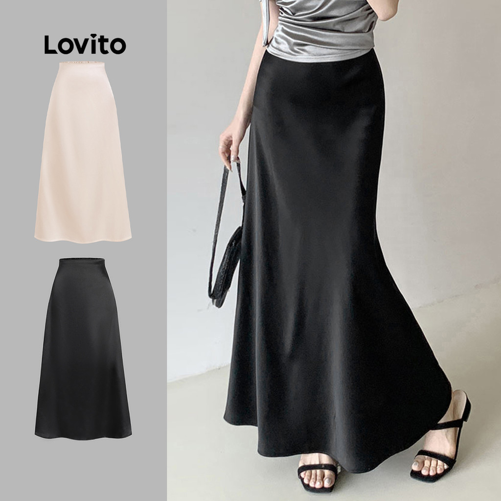 Lovito กระโปรงผู้หญิง เบสิก สีพื้น สไตล์หรูหรา L104ED197