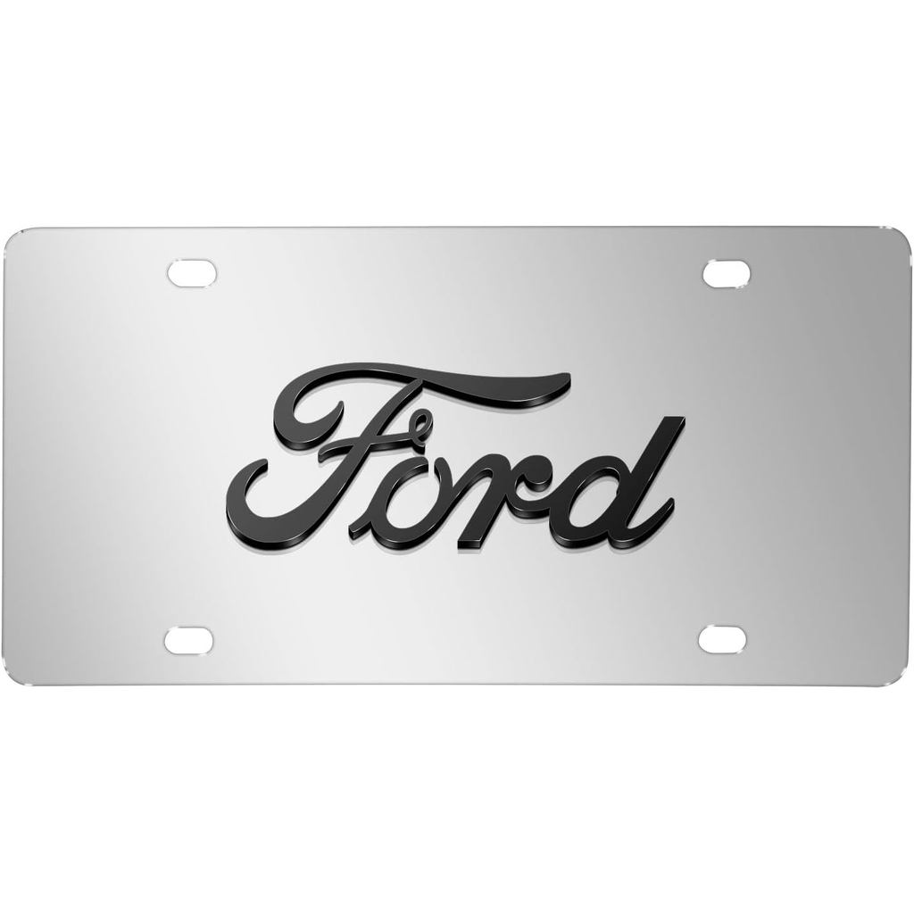 IPick Image โลโก้สคริปต์ Ford 3D สีดําบนกระจกป้ายทะเบียนสแตนเลสโครเมียม