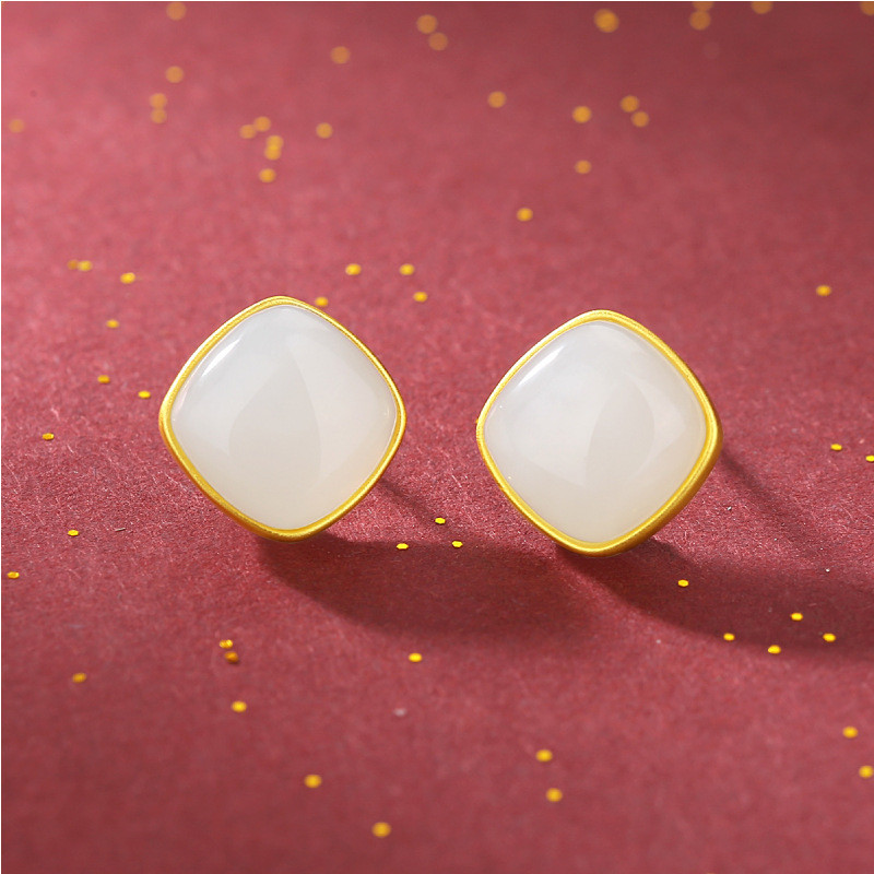 เครื่องประดับหู S925 สไตล์จีน Hetian หยกเรขาคณิตแฟนเงินสเตอร์ลิงรู้สึกธรรมชาติต่างหูสี่เหลี่ยมเล็กต่