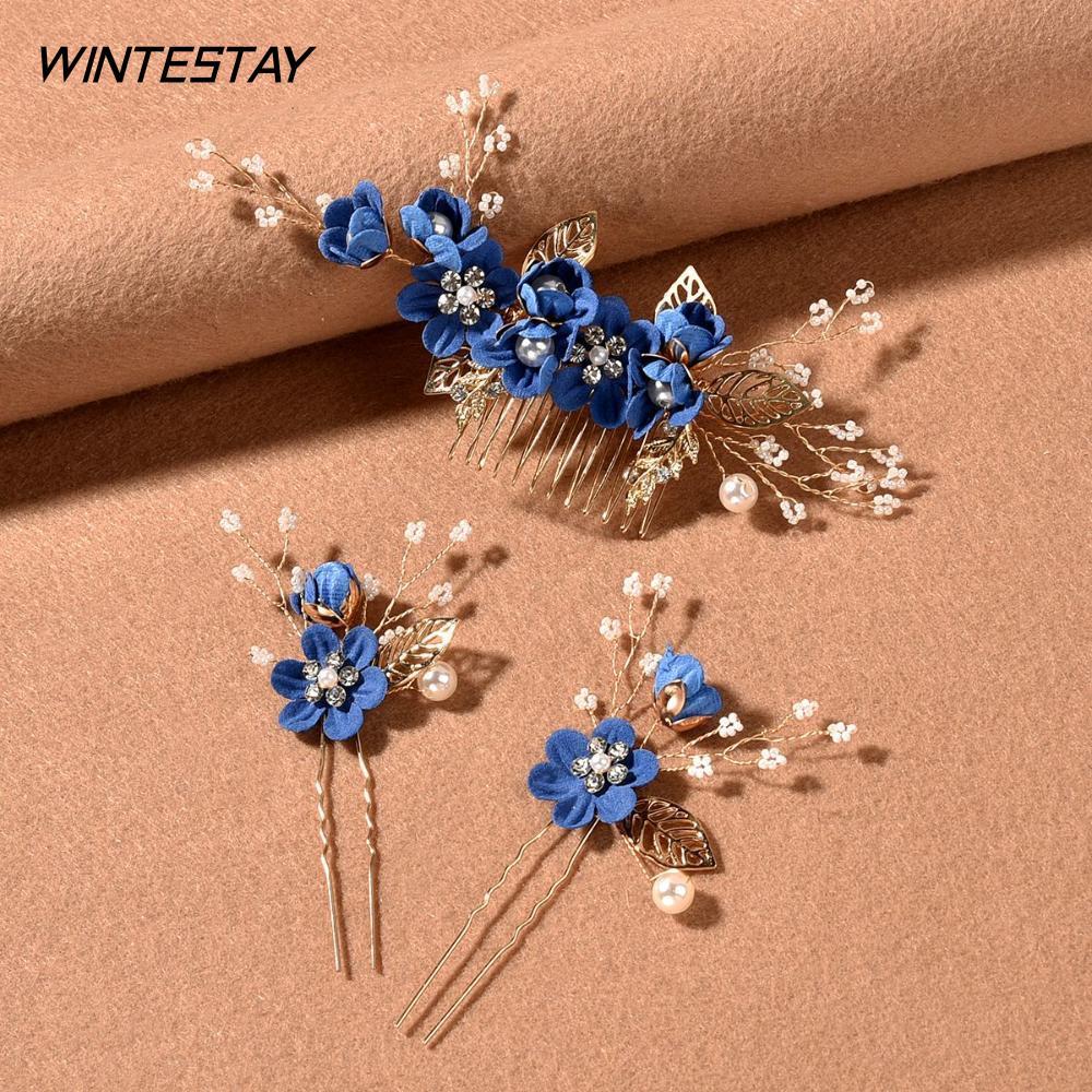 WINTESSAY ดอกไม้ผม Pin เจ้าสาวเครื่องประดับสวยหรูหราใบ Tiara เจ้าสาวคลิป