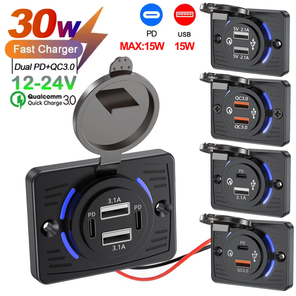 2 พอร์ต 12V RV USB Outlet QC 18W PD 30W Type-C Quick Charge & QC3.0 แผง Wall Mount อะแดปเตอร์ชาร์จสําหรับ Marine Bus ATV รถบรรทุก