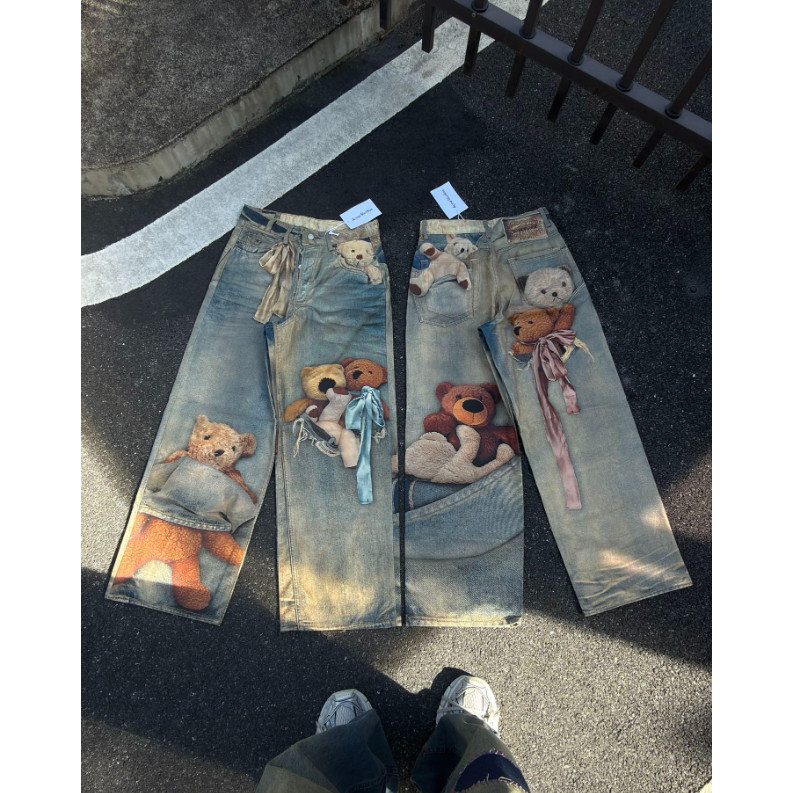ผู้ชายผู้หญิงยิงจริงขายร้อนสไตล์ใหม่1981ตุ๊กตาหมีหมีน้อย3งพิมพ์หลวมเอวต่ํากางเกงยีนส์ขากว้าง