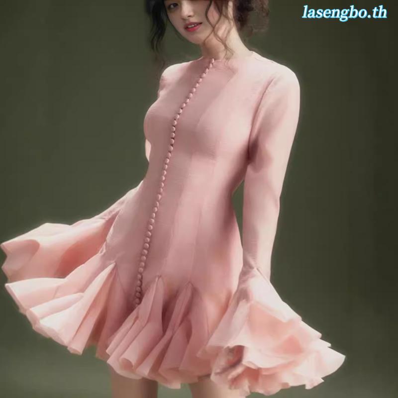 Zh พร้อมสต็อกTWOTWINSTYLE สีชมพู Patchwork Ruffle ชุดผู้หญิงรอบคอ Flare Sleeve High Waiting Slim Ele