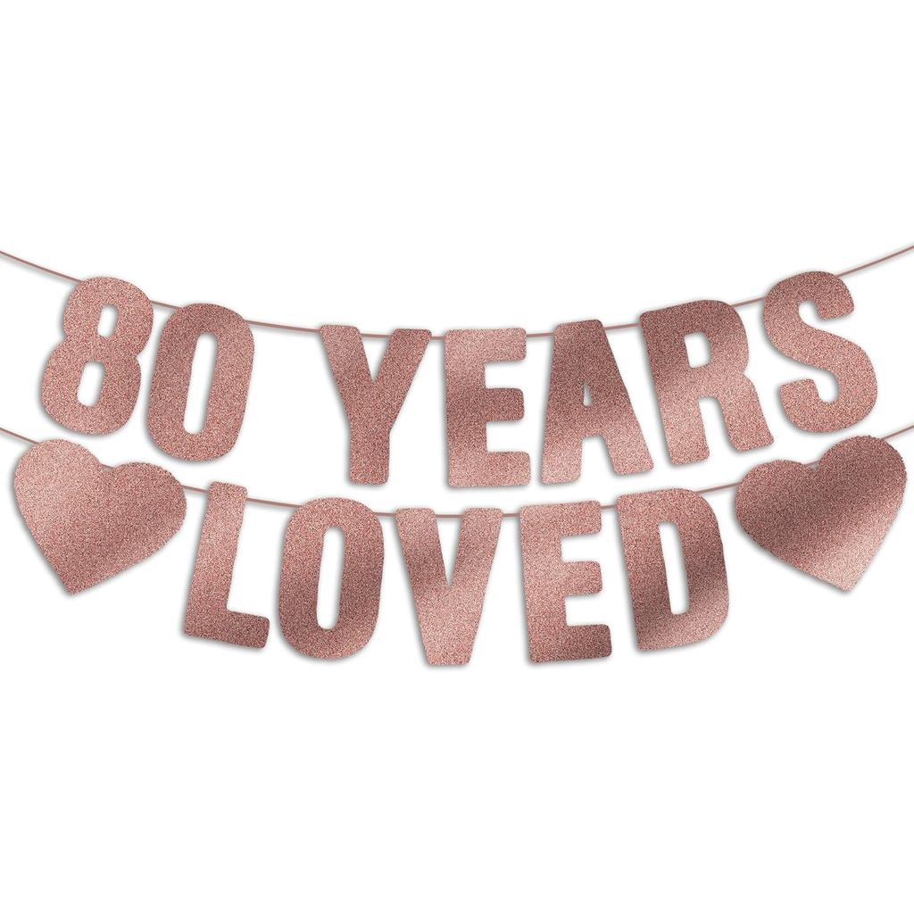 Pre-Strung 80th Birthday Banner - Rose Gold Glitter, Happy 80th Birthday Decorative for Women, 80 Ye