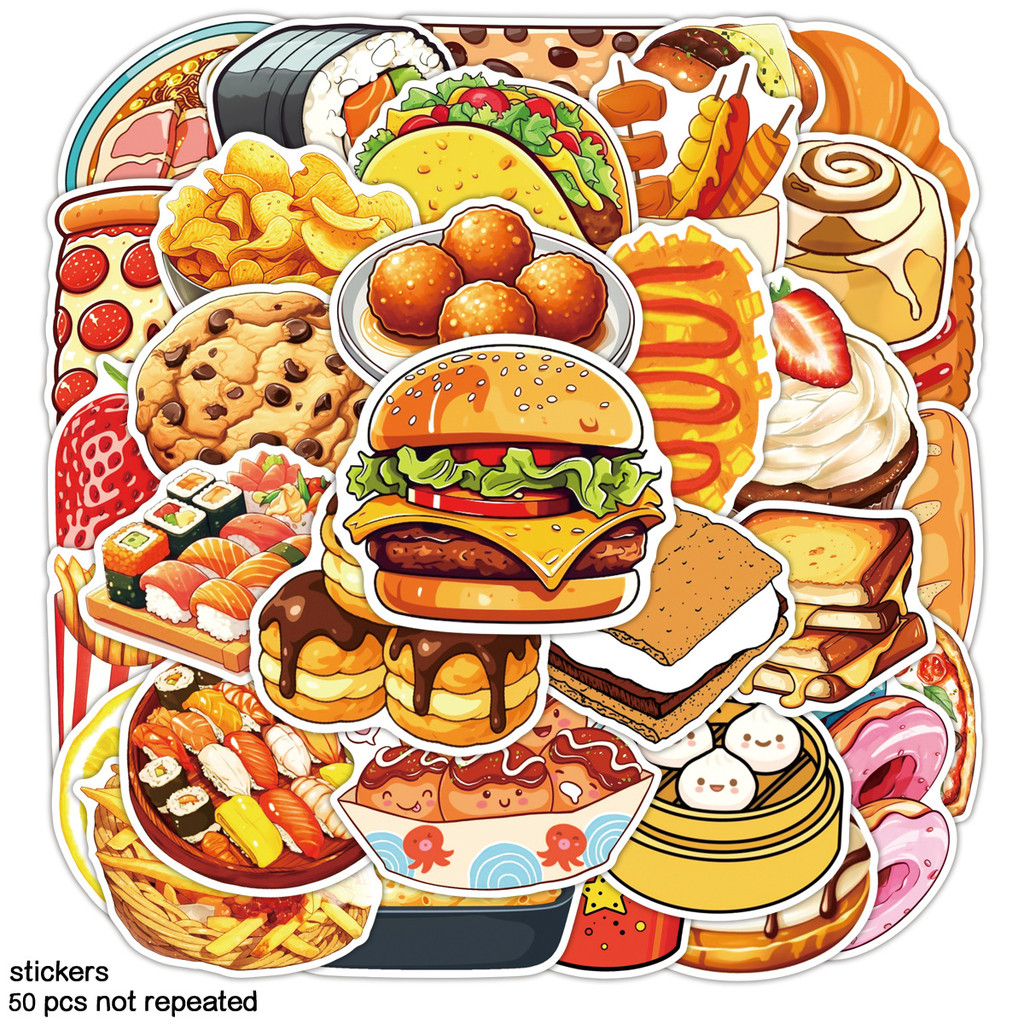 YUMMY FOOD 50 ชิ้น DIY กันน้ําไม่ซ้ําสติ๊กเกอร์แพ็ค