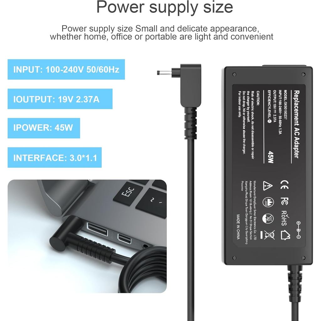 19V 2.37A 45W AC Adapter Laptop Charger Compatible with Acer Aspire 5 A515-44 A515-46 A515-54 A515-5