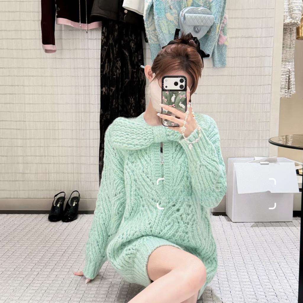 F3JX CHA# 2025Autumn New Korean Style Lazy Elegant Design Bowknot Hollow Round Neck Dress