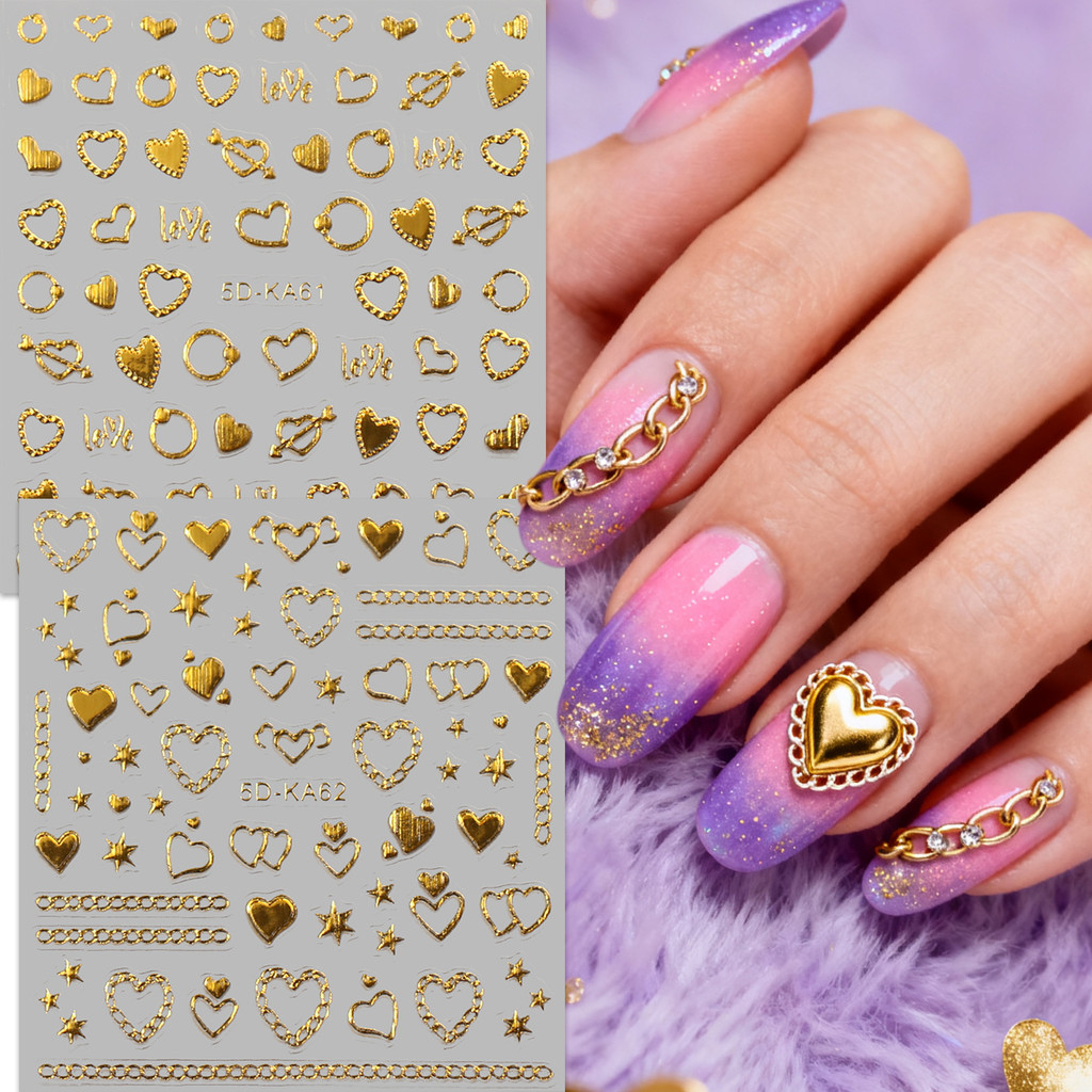 HAMA NAIL วันวาเลนไทน์นูนสติ๊กเกอร์ติดเล็บขายส่ง,น่ารักการ์ตูนหัวใจโซ่สติกเกอร์ตกแต่งเล็บ,งานแต่งงานเจ้าสาวเล็บ