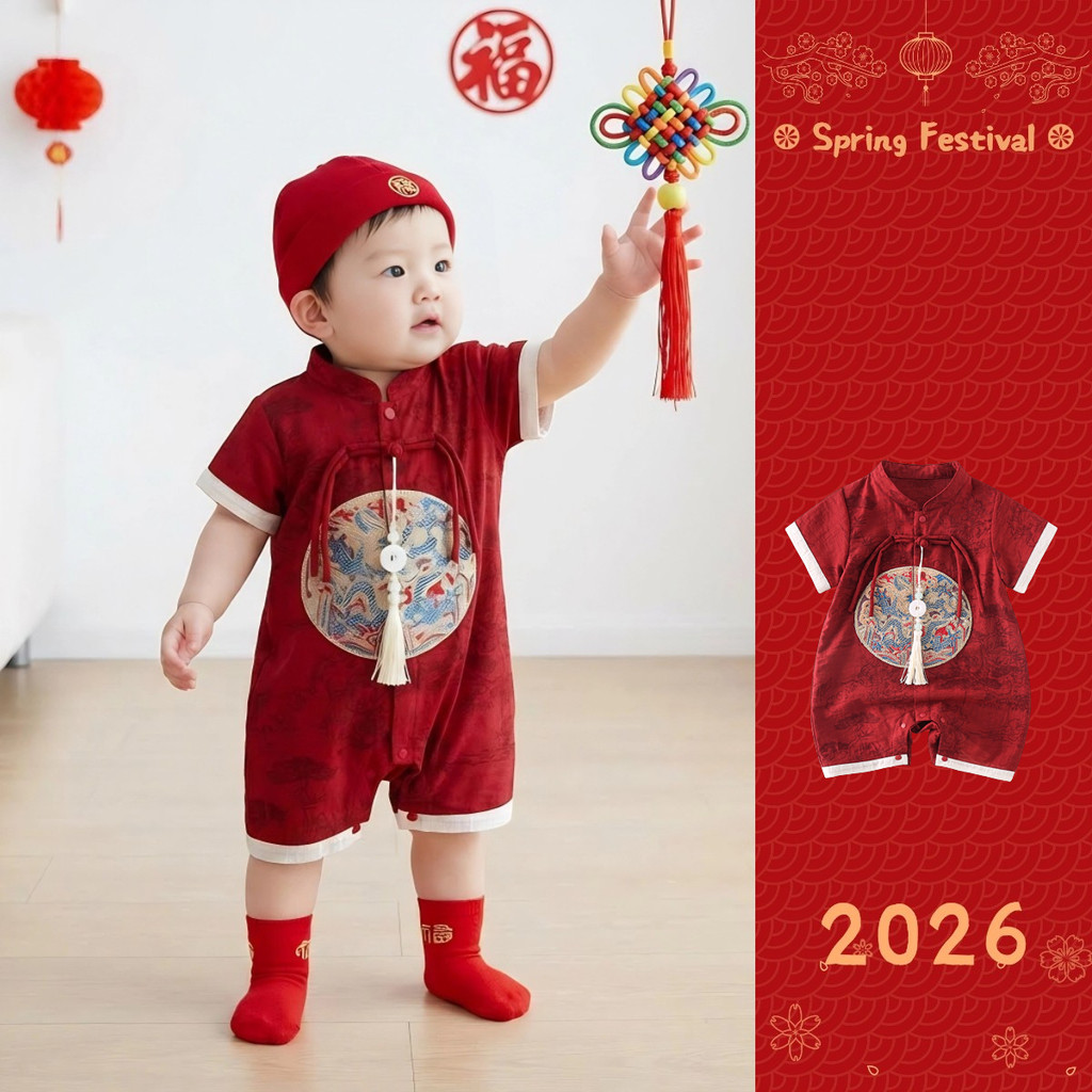 ฤดูร้อนใหม่เสื้อผ้าเด็กชายหญิงสไตล์จีนบอดี้สูทแขนสั้นพร้อมจี้0-24เดือนทารกแรกเกิดซูเปอร์หล่อมังกรจีน ชุดรอมเปอร์ เทศกาลฤดูใบไม้ผลิ
