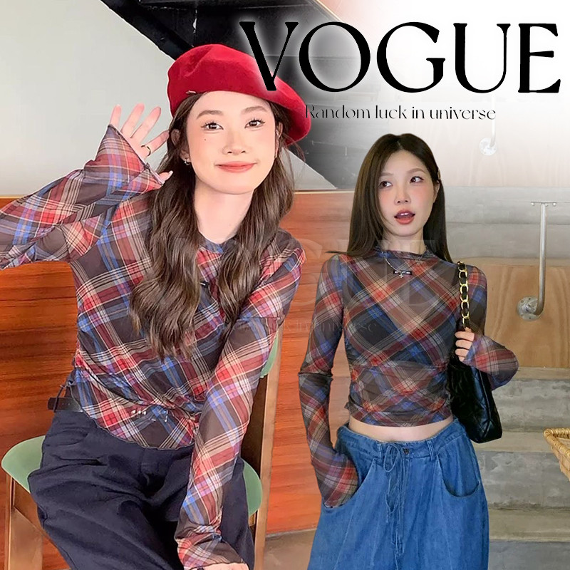 Vogue🌟พร้อมส่ง🌟 เสื้อซีทรูแขนยาวคอกลม ลายสก็อตดำแดง ทรงรัดรูป (FY1146)