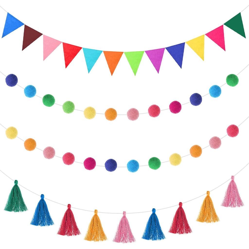 Irenare 9.8 ft Christmas Pom Pom Garland Rainbow Pennant Banner Colorful Felt Tassel Banner Christma