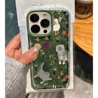 Ins ดอกไม้สีเขียวแมวนุ่มโปร่งใสกรณี Attern Anti-Fall เคสโทรศัพท์สําหรับ iPhone 16 Promax 15 Promax 12 13 Mini 14plus 11 Pro Max X XS XR XS Max 7 8 plus Se2020 6G 6Plus