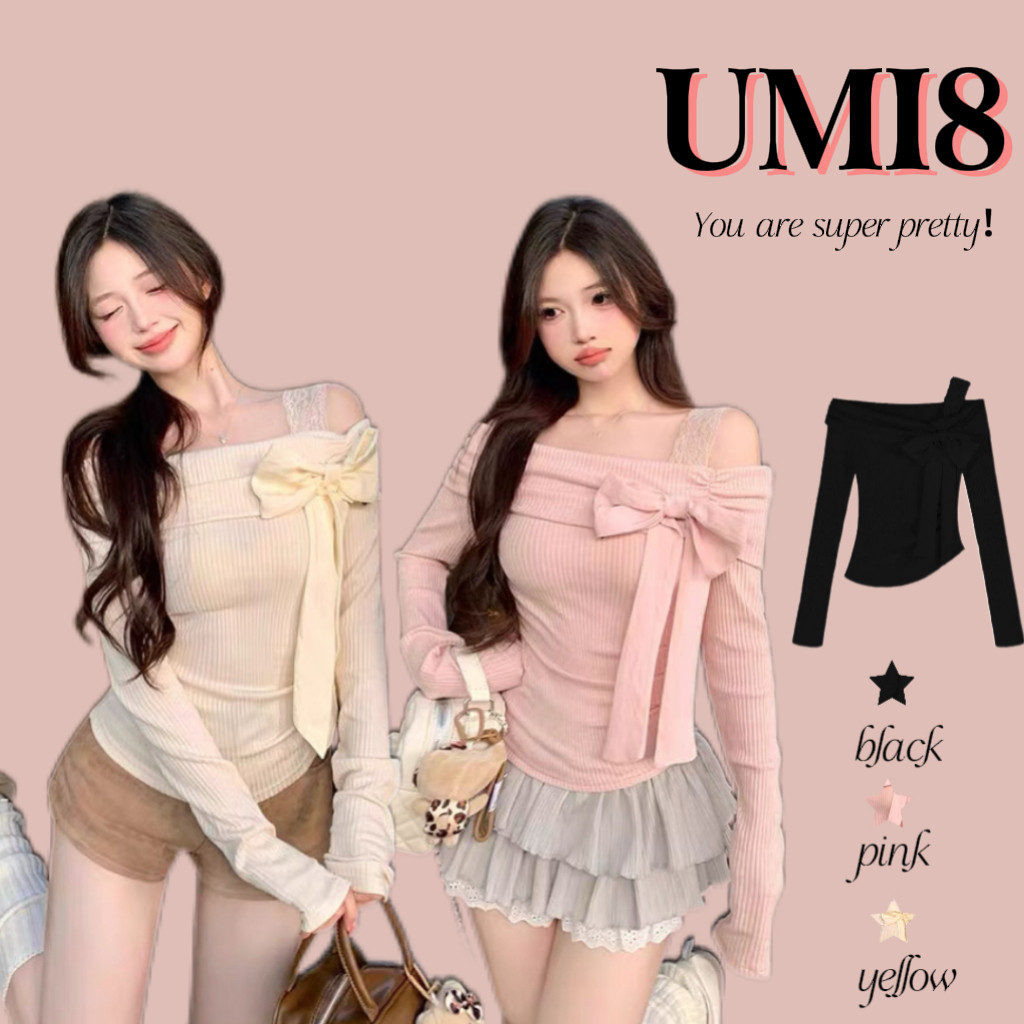 UMI8💝【ในสต็อก】💝เสื้อแขนยาวผู้หญิง ทรงพอดีตัวสำหรับฤดูใบไม้ผลิและฤดูใบไม้ร่วง มีโบว์ที่ไหล่