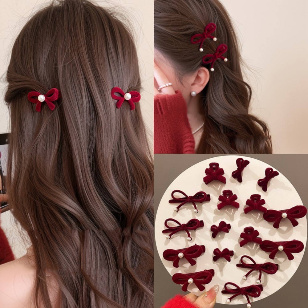 กิ๊บติดผมเด็กไร้รอยต่อโบว์กํามะหยี่สีแดงผู้หญิงหูด้านข้างงานรื่นเริงบางหน้าผาก